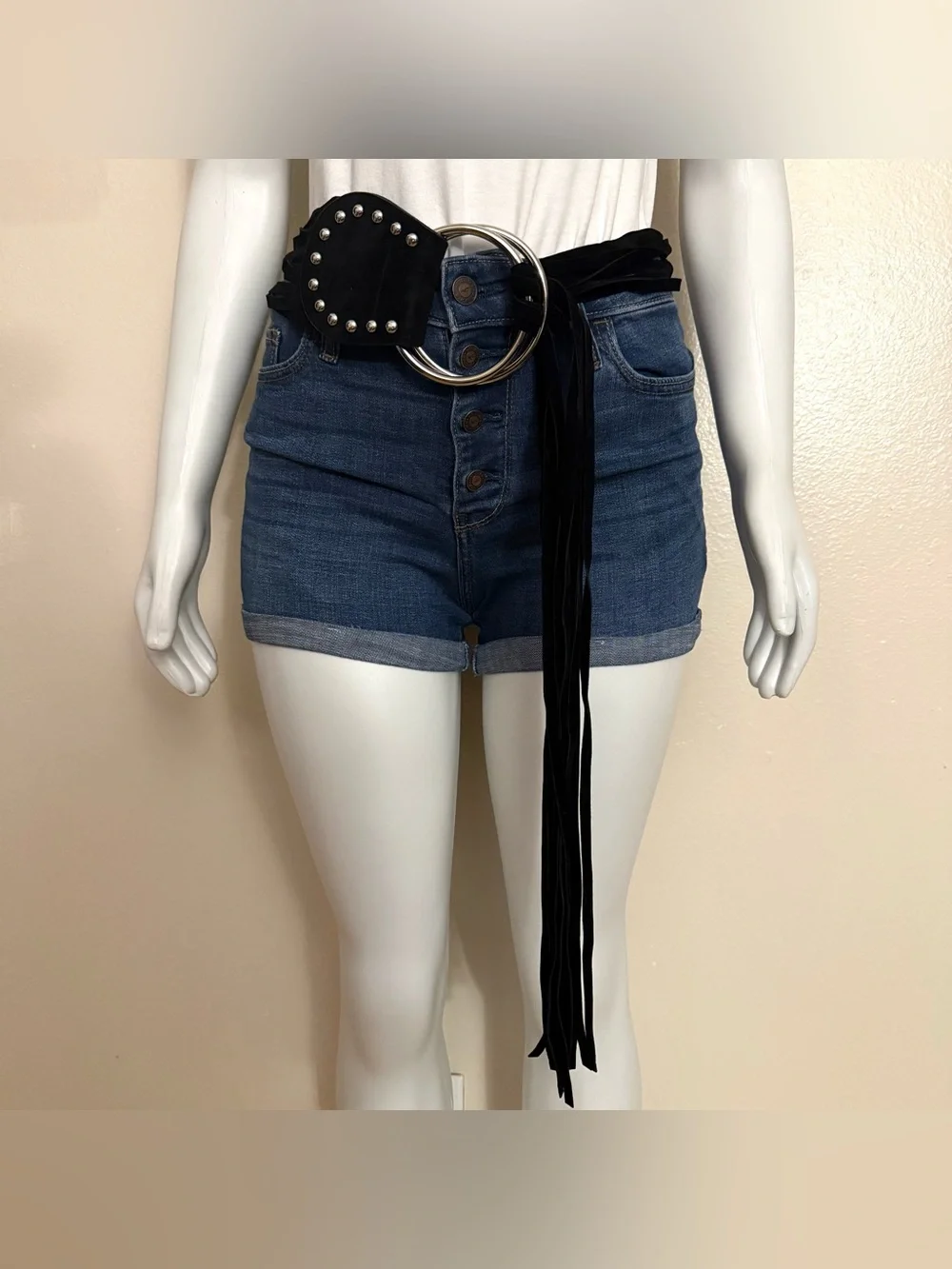 Black PU suede leather wrap belt silver ring buckle with long fringe details